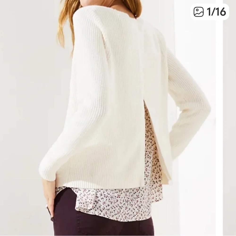 LOFT Meadow split back mixed media sweater, beige size small